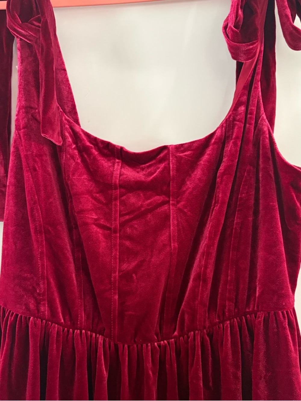 NWT CIDER Deep Red Velvet Mini Dress U-neckline Ruffle Knotted Stunning - Picture 2 of 7